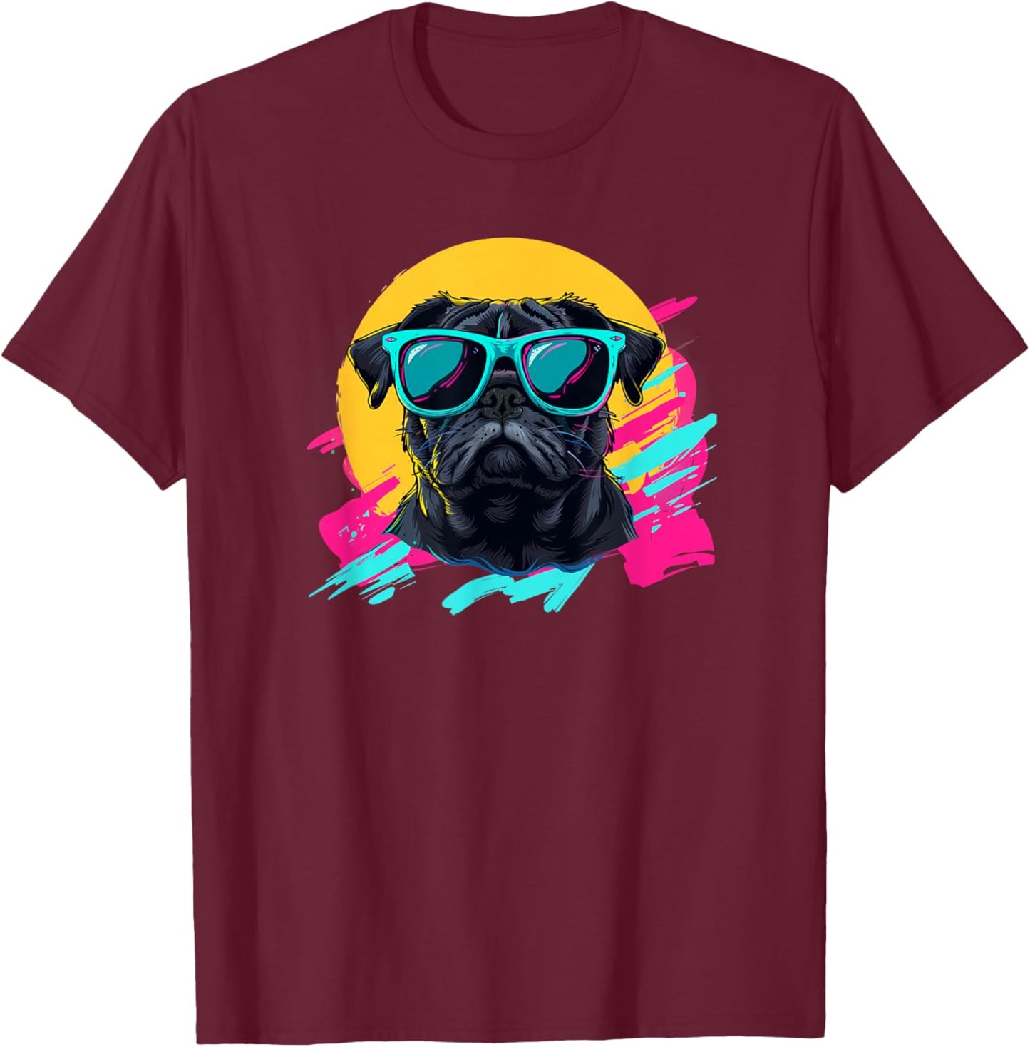 Funny & Retro Vintage 80s Black Pug Lover T-Shirt - T-Shirt | Maroon