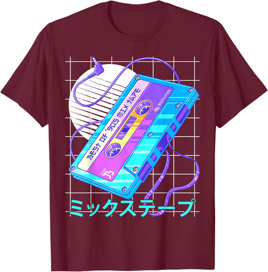 90s Japanese Otaku Vaporwave Aesthetic Retro Art Mixtape T-Shirt - T-Shirt | Maroon