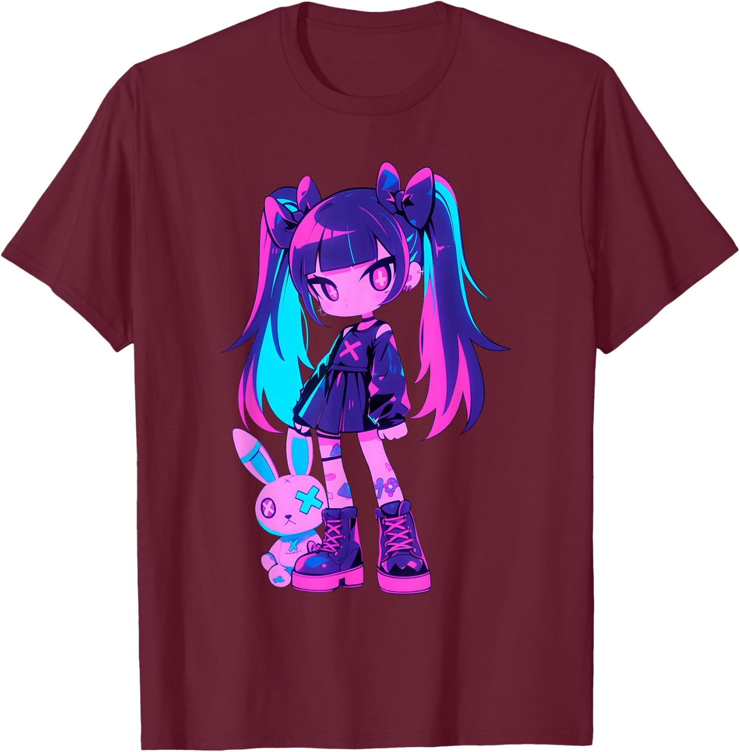 Cute E-Girl Anime Girl Grunge Goth Bunny Gothic Outfit T-Shirt - T-Shirt | Maroon