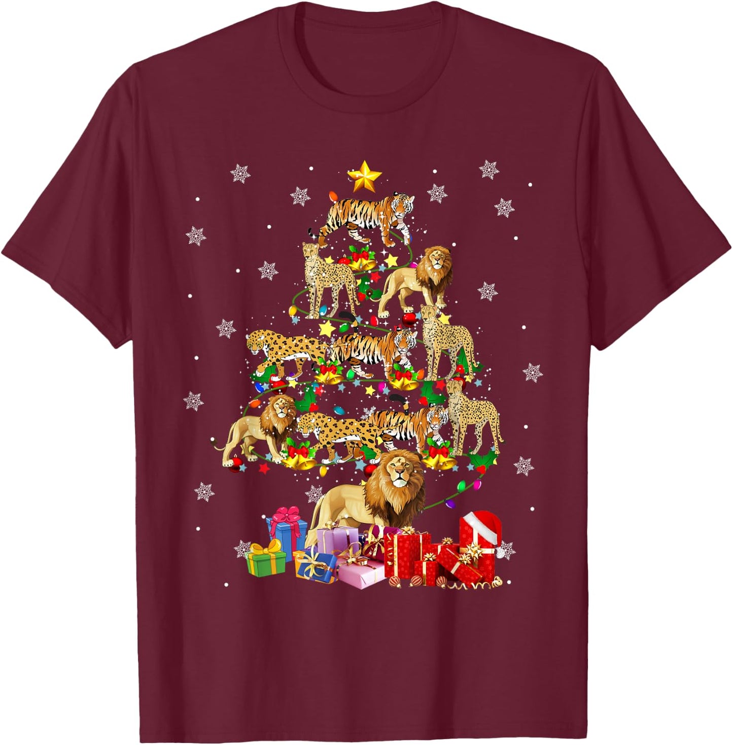 Wild Animal Christmas Tree Xmas Lion Tiger Cheetah Leopard T-Shirt - T-Shirt | Maroon