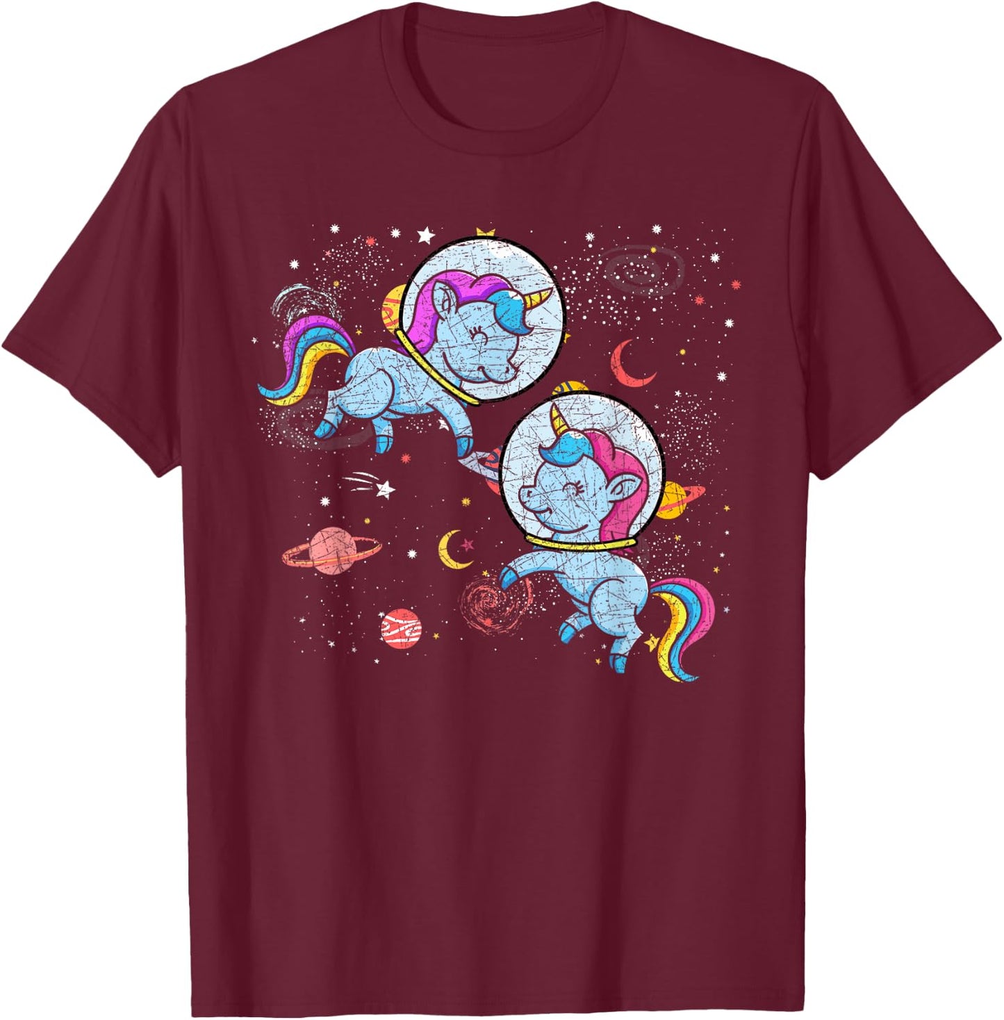 Moon Astronaut Outer Space Planets Magical Unicorn T-Shirt - T-Shirt | Maroon