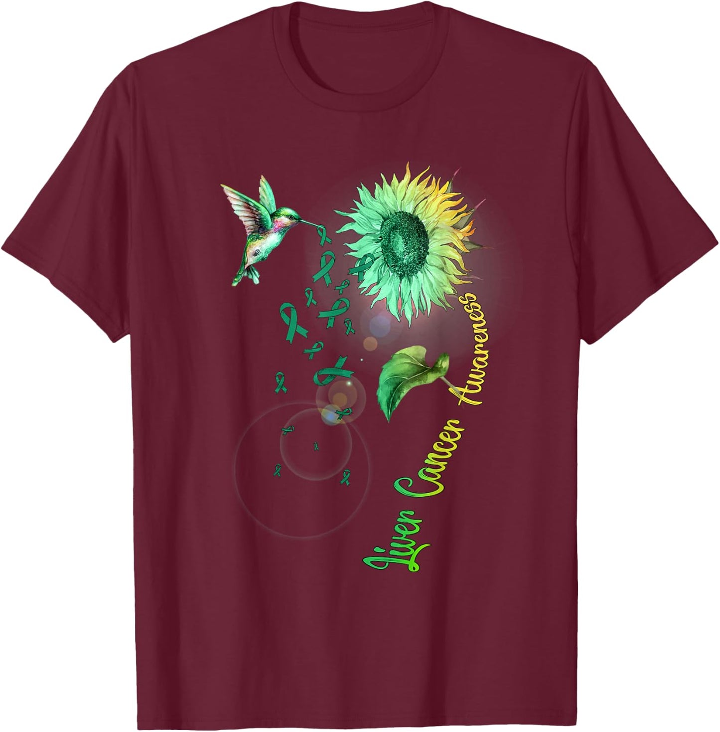 Liver Cancer Sunflower Hummingbird T-Shirt - T-Shirt | Maroon