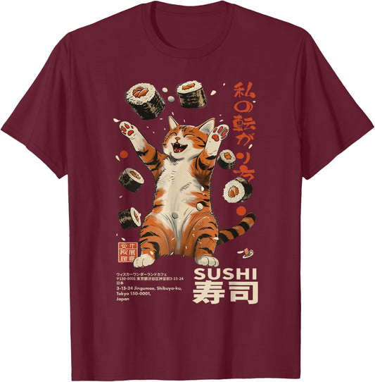 Sushi Cat Japanese Kawaii - Tokyo Food Humor Art T-Shirt - T-Shirt | Maroon