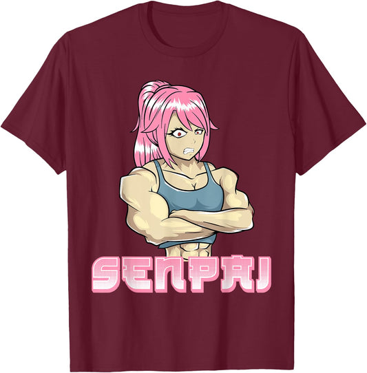 Senpai Muscle Muscular Girl Gym Workout Manga Japanese Anime T-Shirt - T-Shirt | Maroon