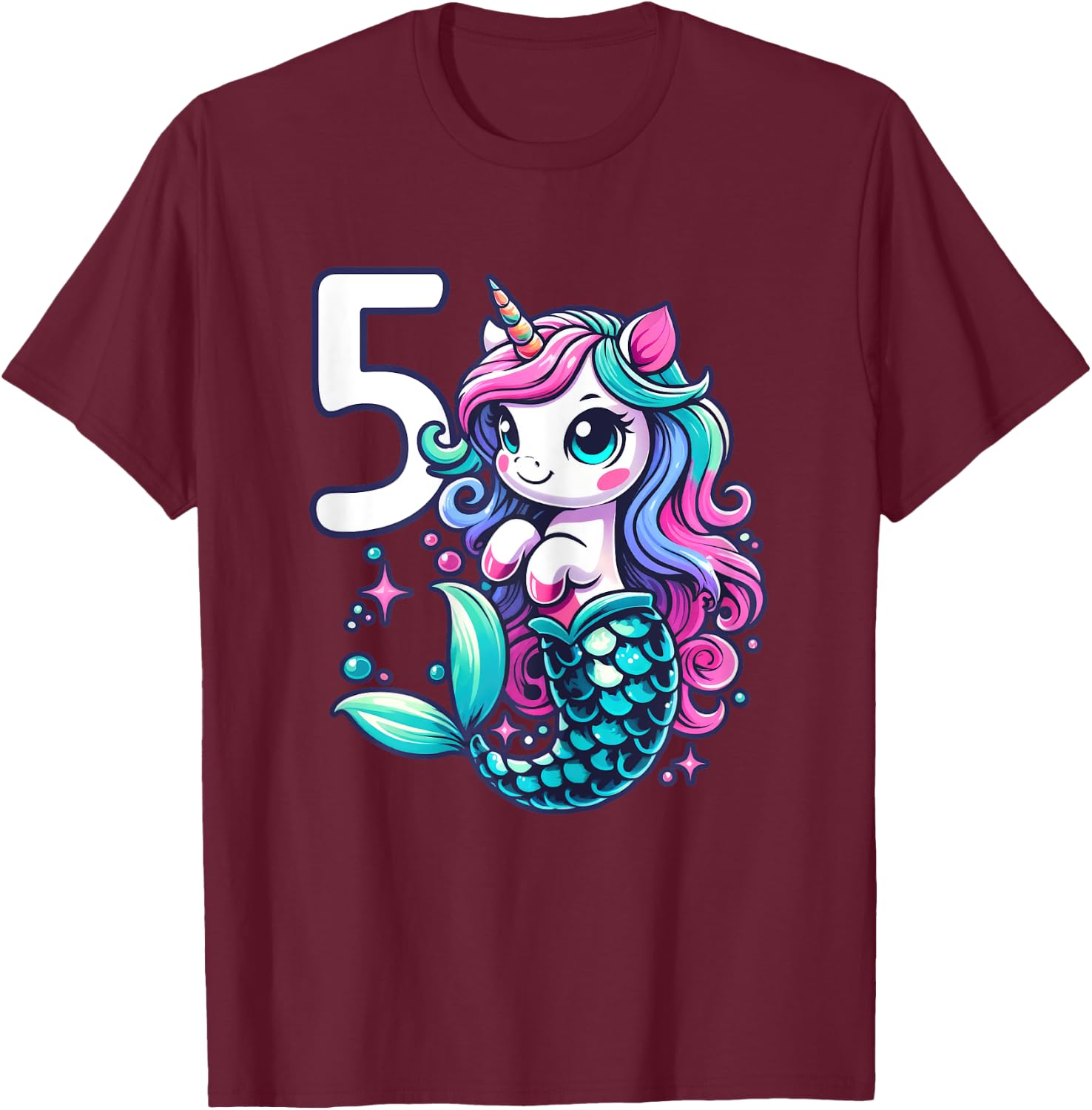 Unicorn Mermaid 5th Birthday 5 Year Old Party Girls Outfit T-Shirt - T-Shirt | Maroon