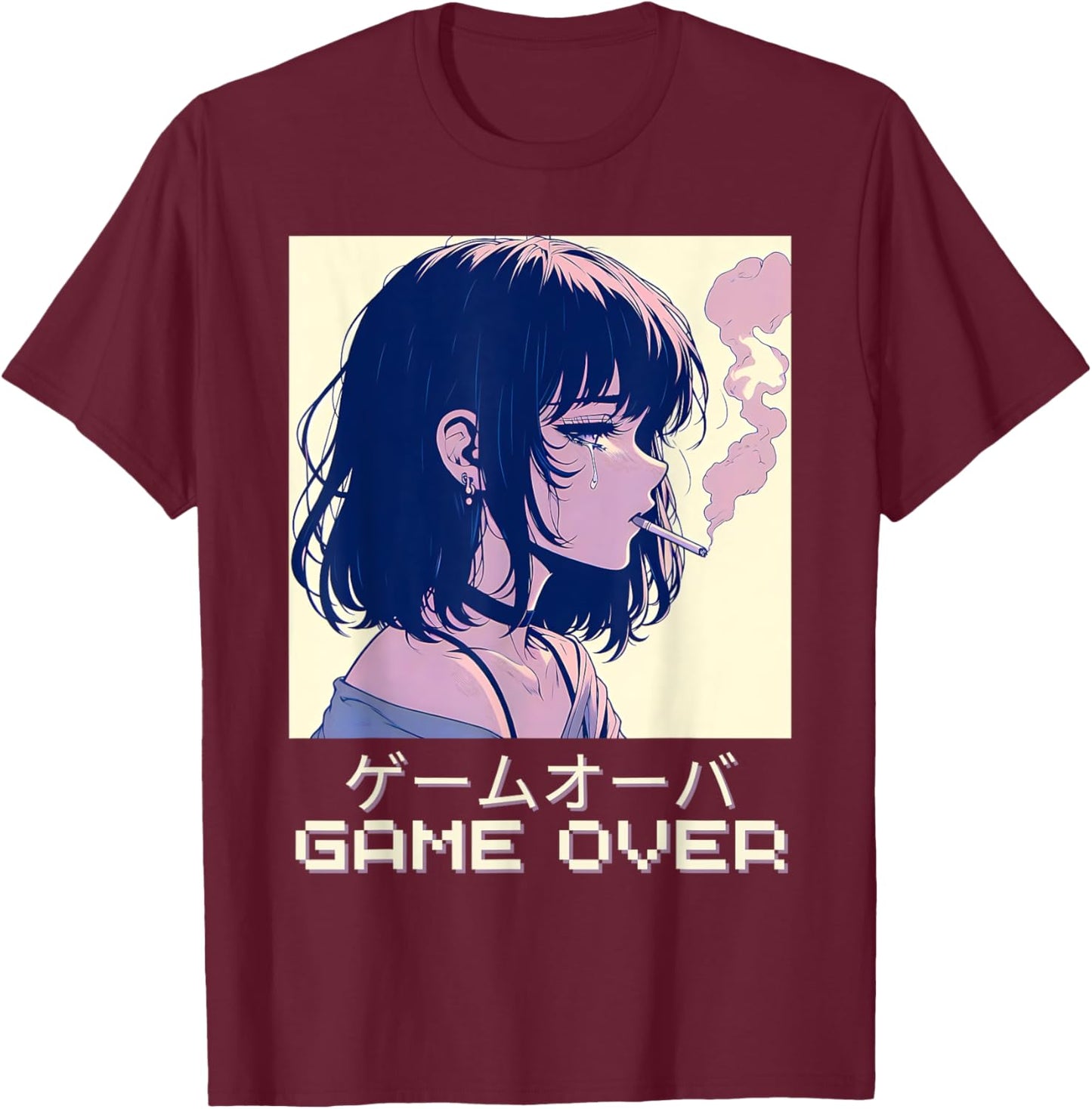 90s Japanese Sad Anime Girl Game Over Vaporwave Aesthetic T-Shirt - T-Shirt | Maroon
