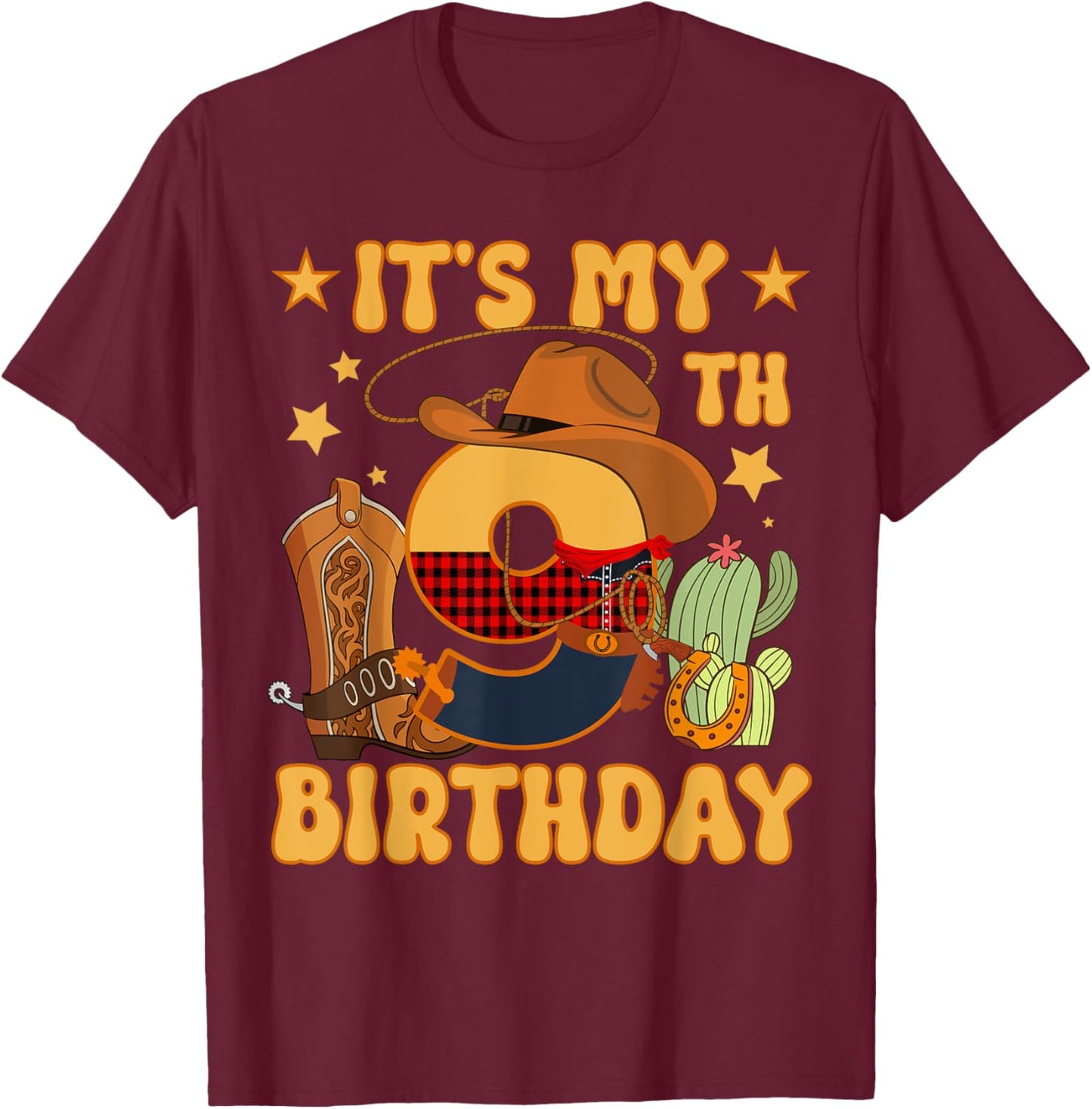 It's My 9th Birthday Cowboy Rodeo Horse 9 Year Old Bday Boy T-Shirt - T-Shirt | Maroon