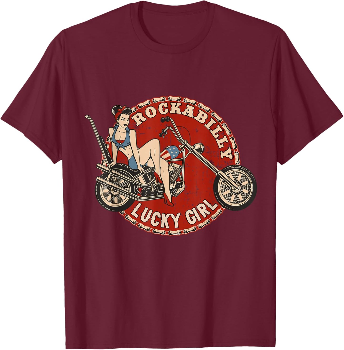 Motorcycle Pinup Girl Old School Rockabilly Lucky Girl T-Shirt - T-Shirt | Maroon