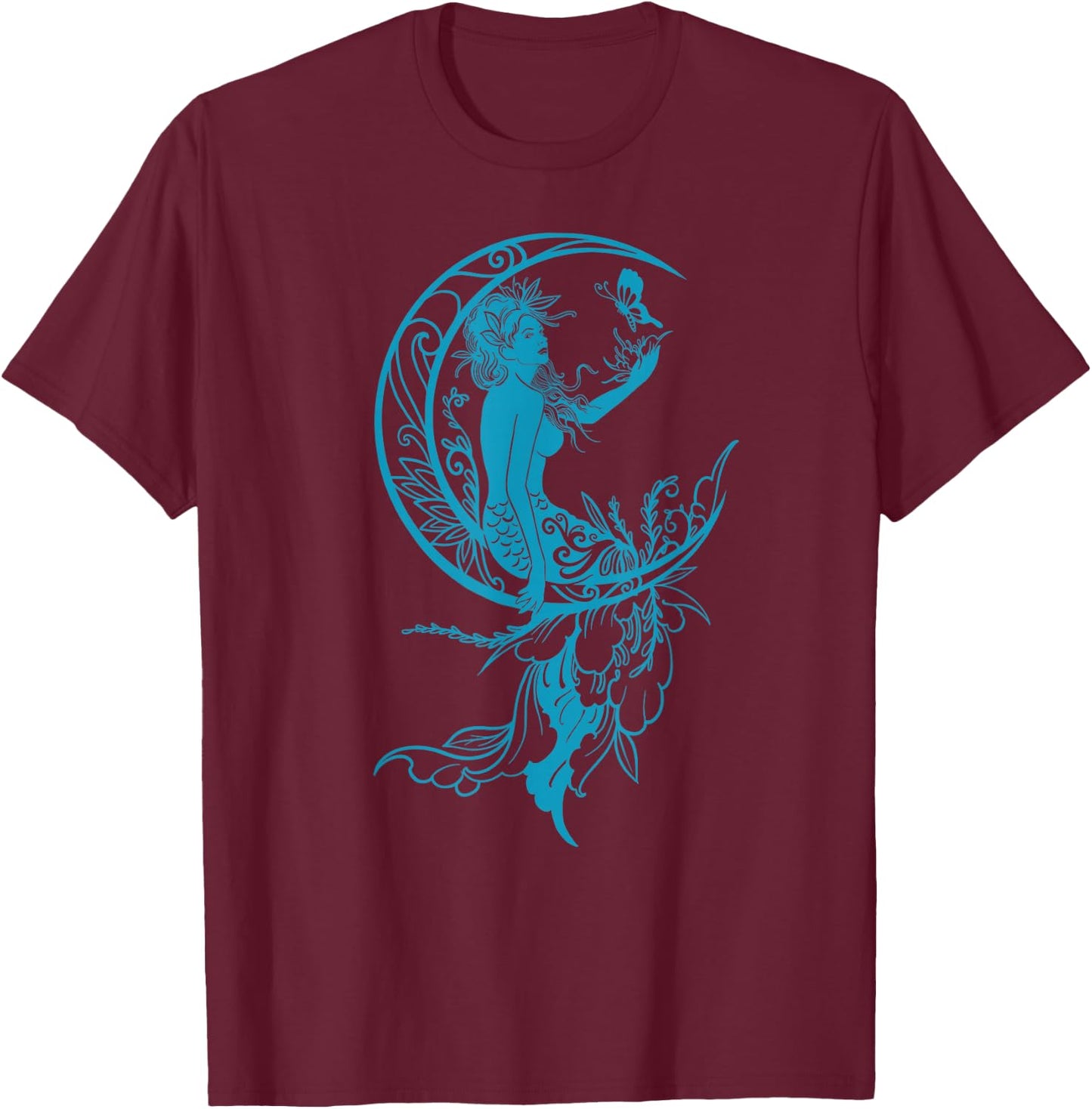 Sea Blue Teal Mermaid Moon Butterfly Gothic Fantasy T-Shirt - T-Shirt | Maroon