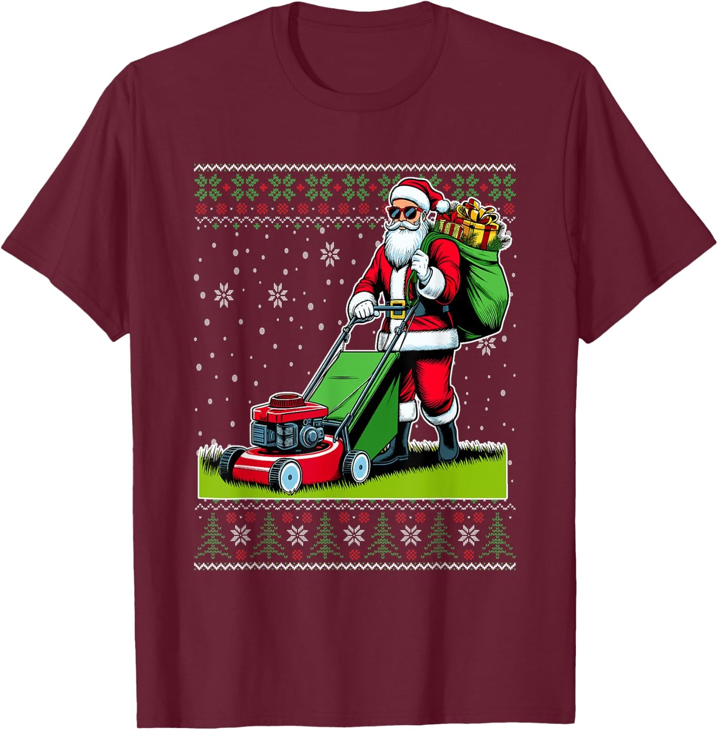 Christmas Santa Claus Mowing Lawn Ugly Christmas Sweater T-Shirt - T-Shirt | Maroon