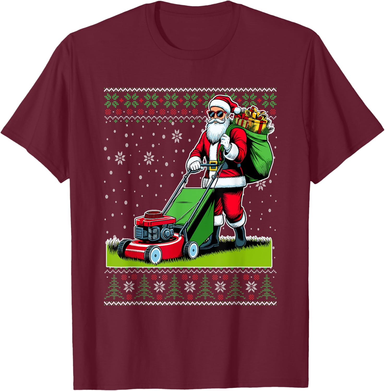 Christmas Santa Claus Mowing Lawn Ugly Christmas Sweater T-Shirt - T-Shirt | Maroon
