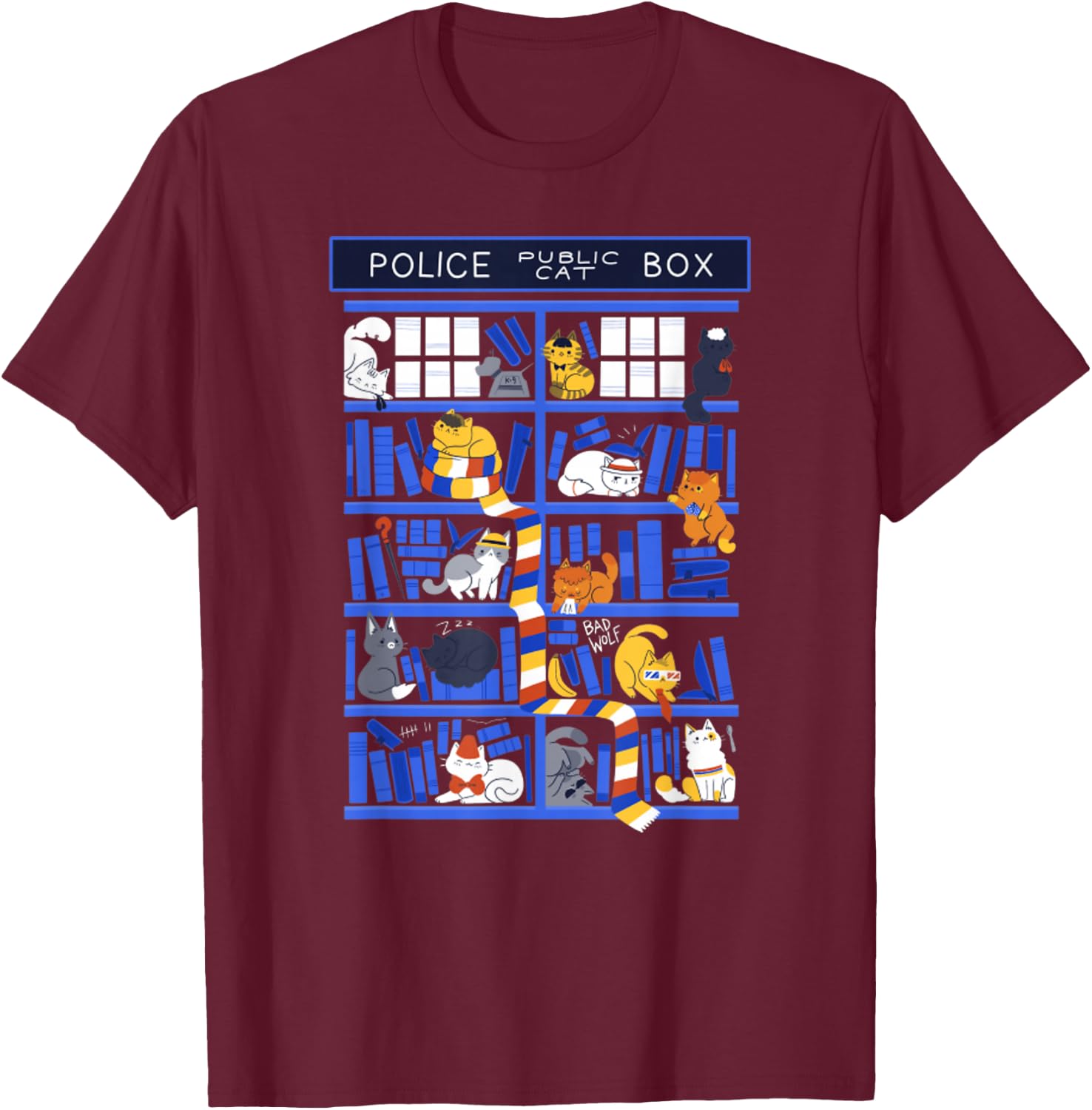 Library Box Who Police Box Cute Cat TV Series T-Shirt - T-Shirt | Maroon