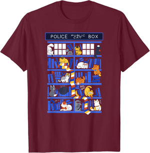 Library Box Who Police Box Cute Cat TV Series T-Shirt - T-Shirt | Maroon
