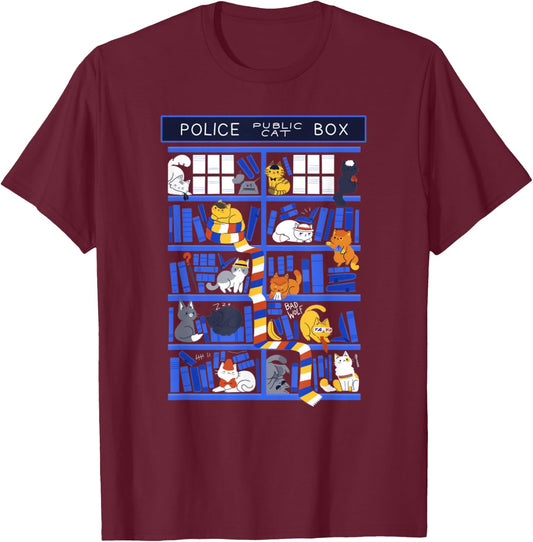 Library Box Who Police Box Cute Cat TV Series T-Shirt - T-Shirt | Maroon