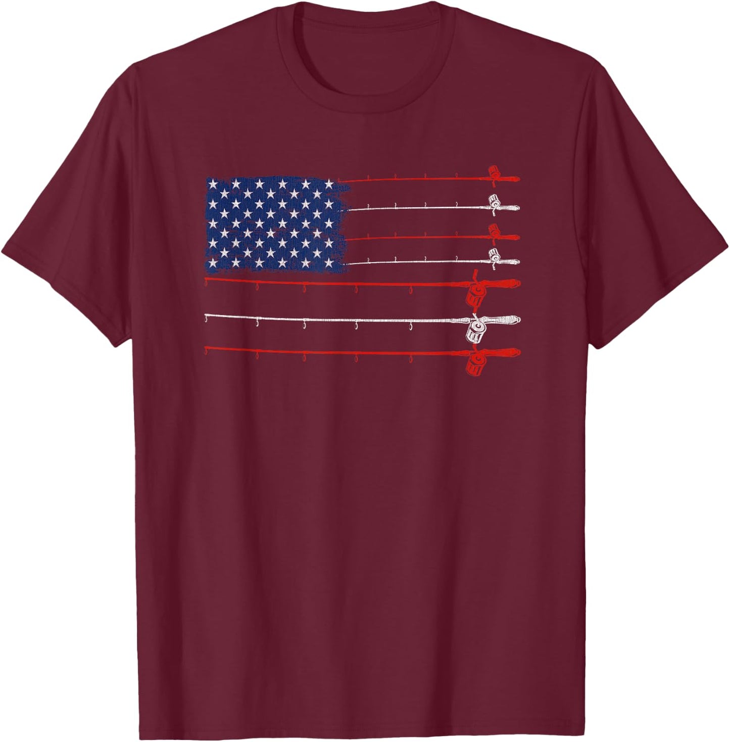 Vintage Fishing Gift | Patriotic American Flag Fishing Poles T-Shirt - T-Shirt | Maroon