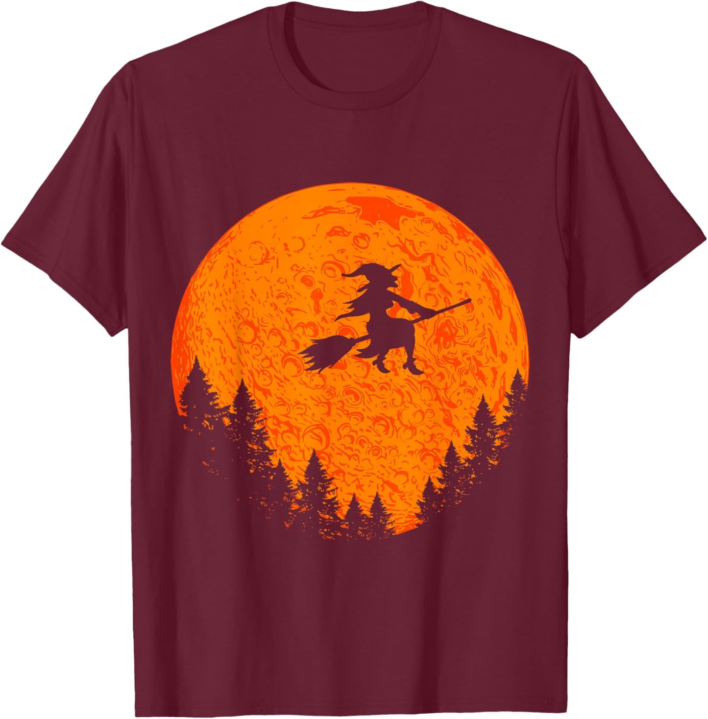 Halloween Vintage Witch On Broom And Moon Group Matching T-Shirt - T-Shirt | Maroon