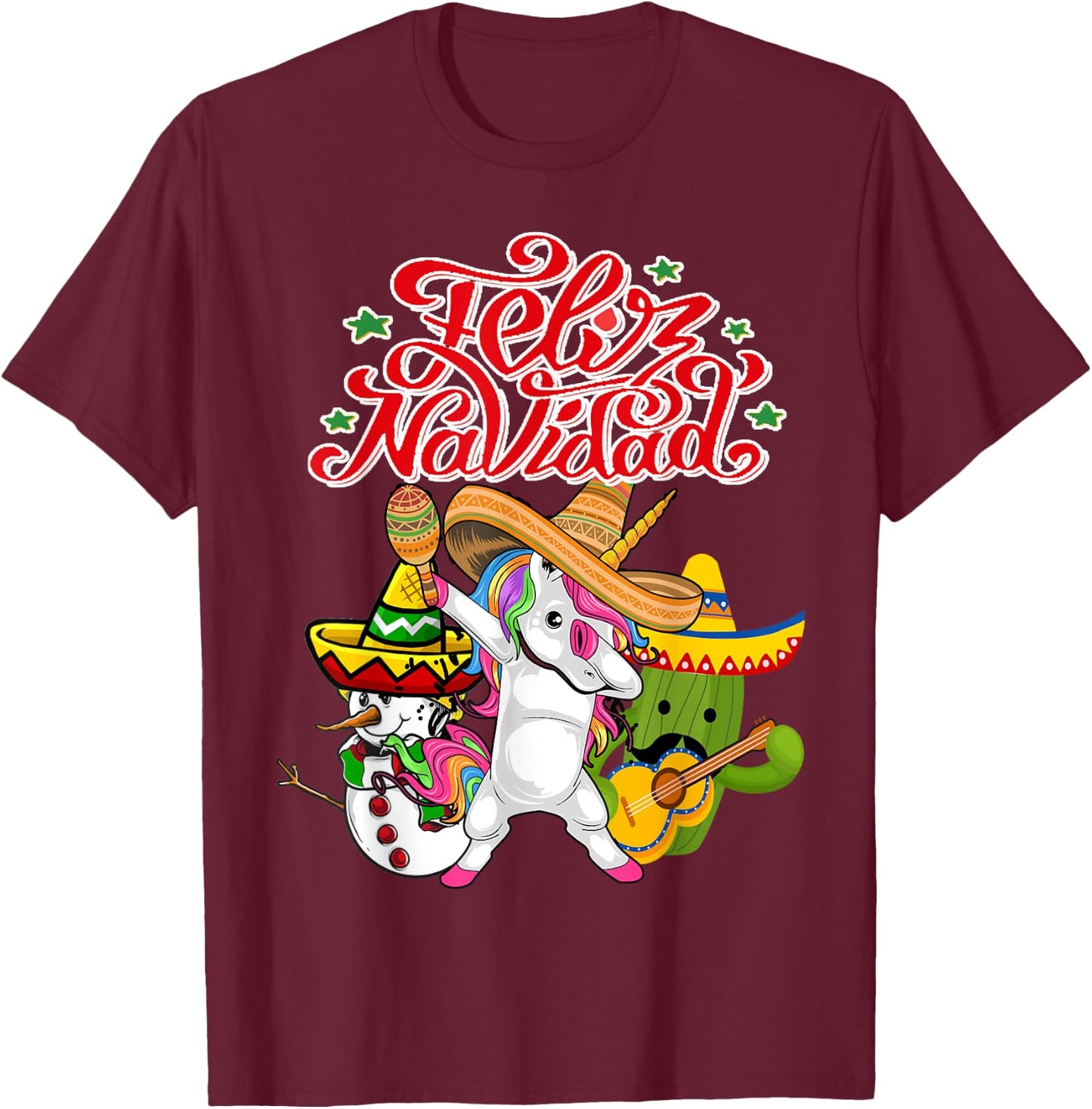 Feliz Navidad Unicorn Cactus Funny Mexican Christmas T-Shirt - T-Shirt | Maroon