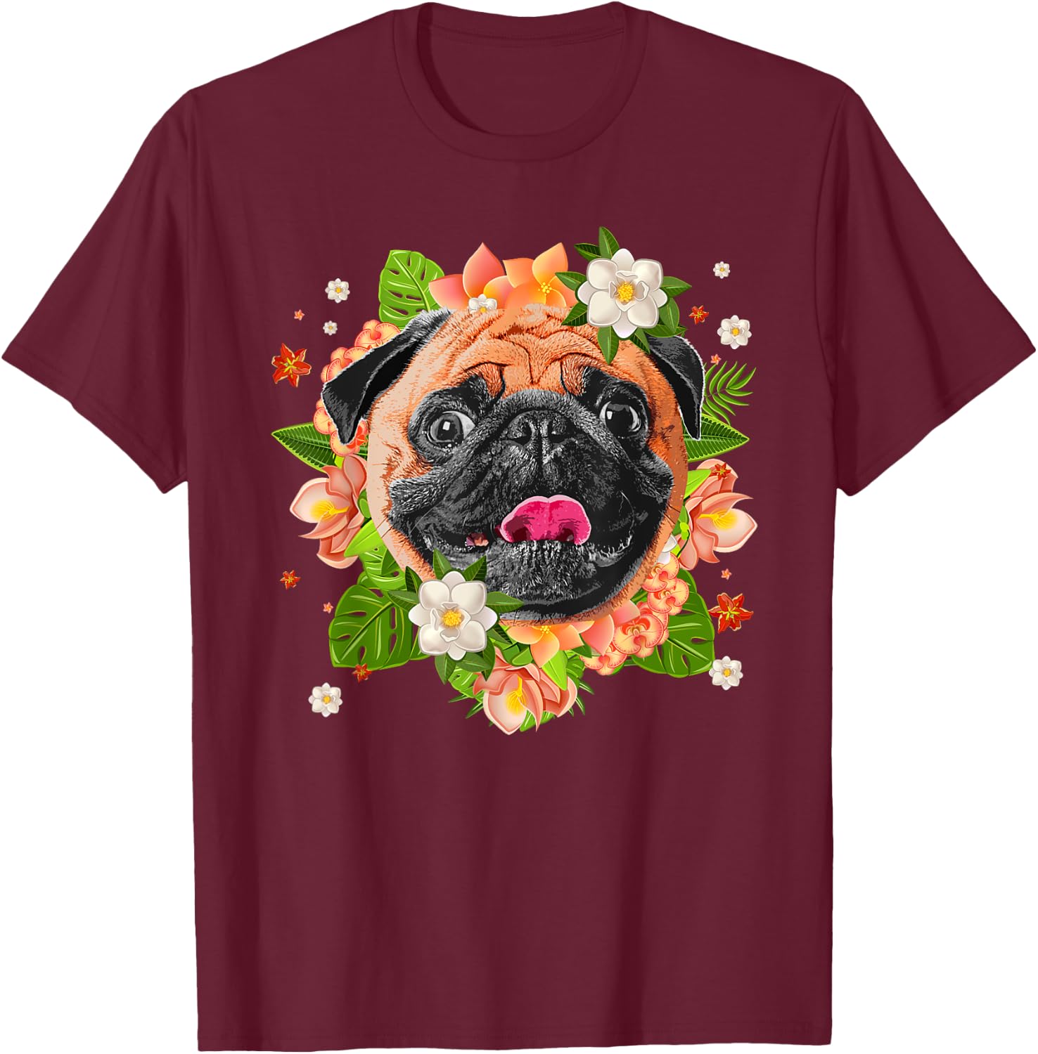 Cool Pug Dog Women Girls Pug Lovers Flower Hawaiian T-Shirt - T-Shirt | Maroon