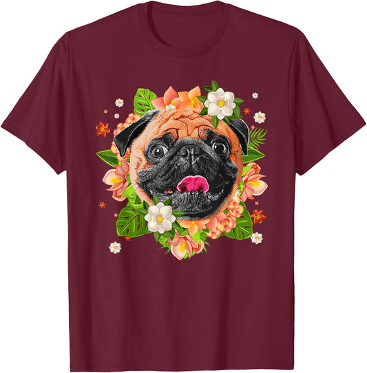 Cool Pug Dog Women Girls Pug Lovers Flower Hawaiian T-Shirt - T-Shirt | Maroon