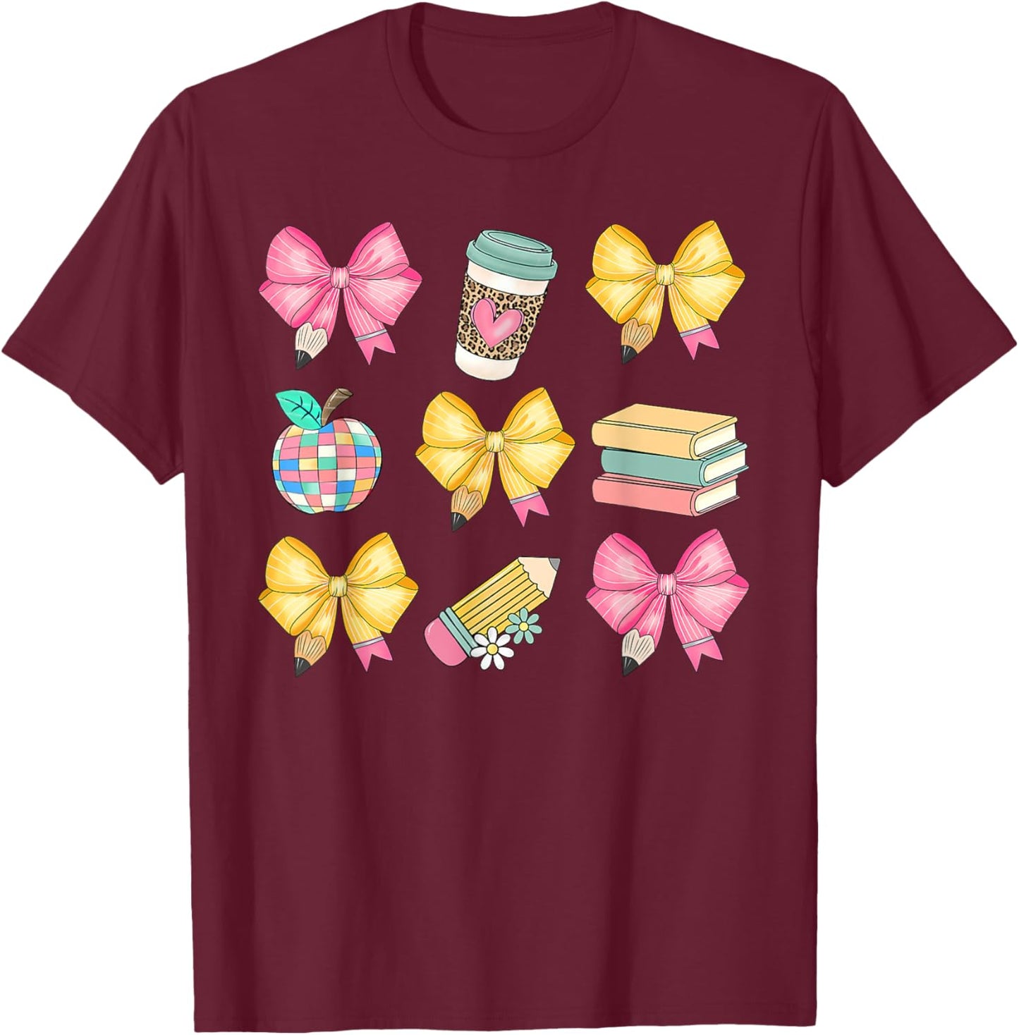 Coquette Bow Pencil Teacher Student First Day Back To School T-Shirt - T-Shirt | Maroon