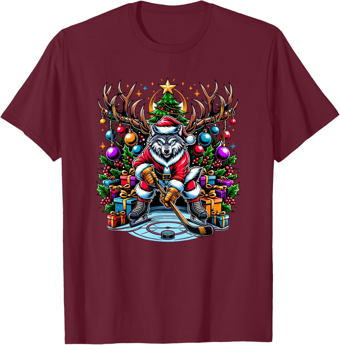 Funny Santa Wolf Playing Hockey Christmas T-Shirt - T-Shirt | Maroon