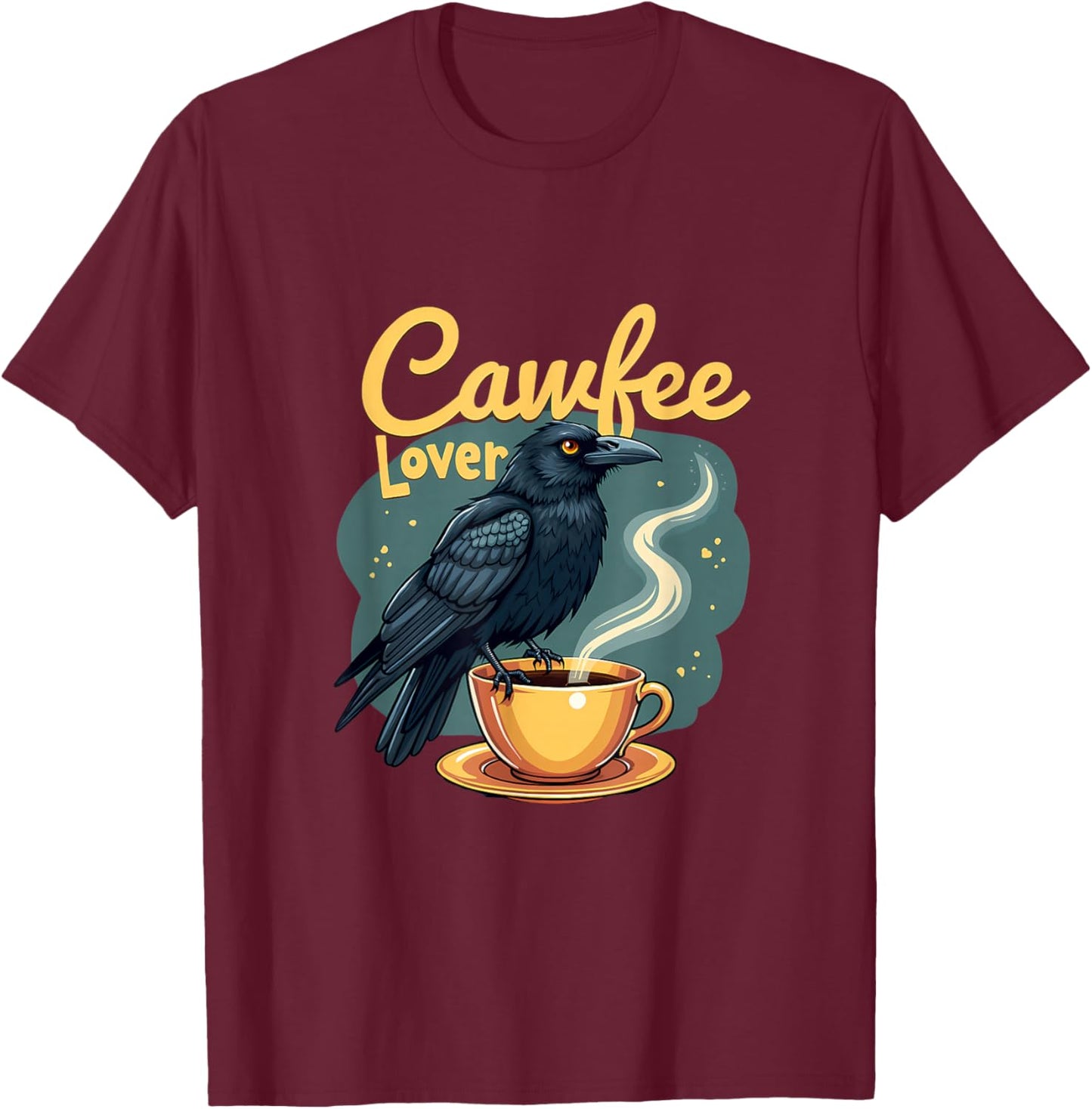 Cawfee Lover Raven Crow With Coffee Cup T-Shirt - T-Shirt | Maroon