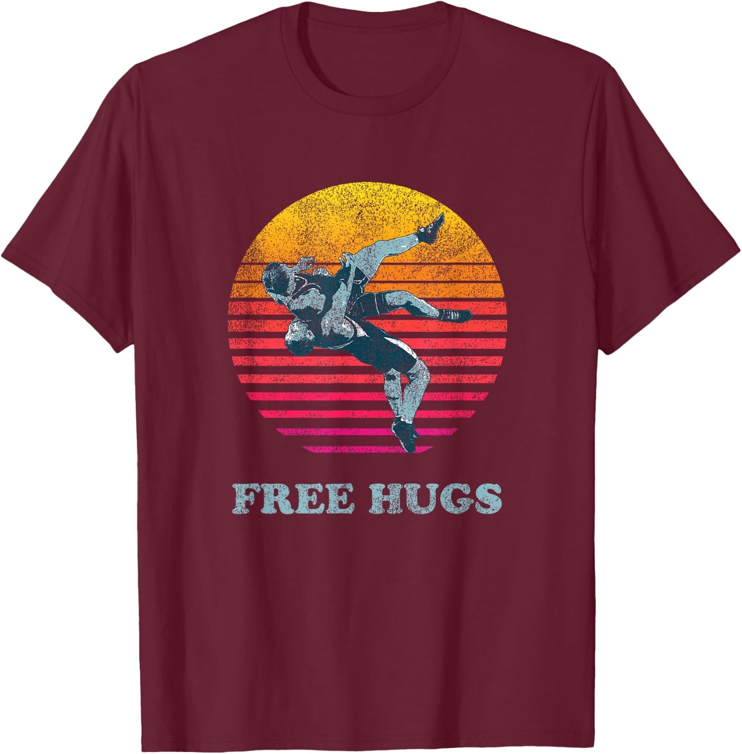 Retro Vintage Faded Cracked 70 80s Style Free Hugs Wrestling T-Shirt - T-Shirt | Maroon