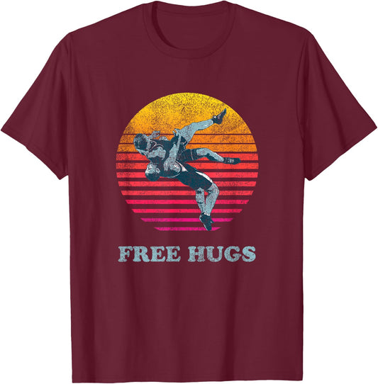 Retro Vintage Faded Cracked 70 80s Style Free Hugs Wrestling T-Shirt - T-Shirt | Maroon