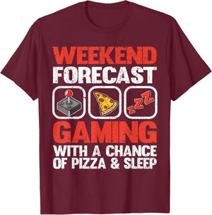 Weekend Forecast Gaming With A Chance of Pizza & Sleep Gamer T-Shirt - T-Shirt | Maroon