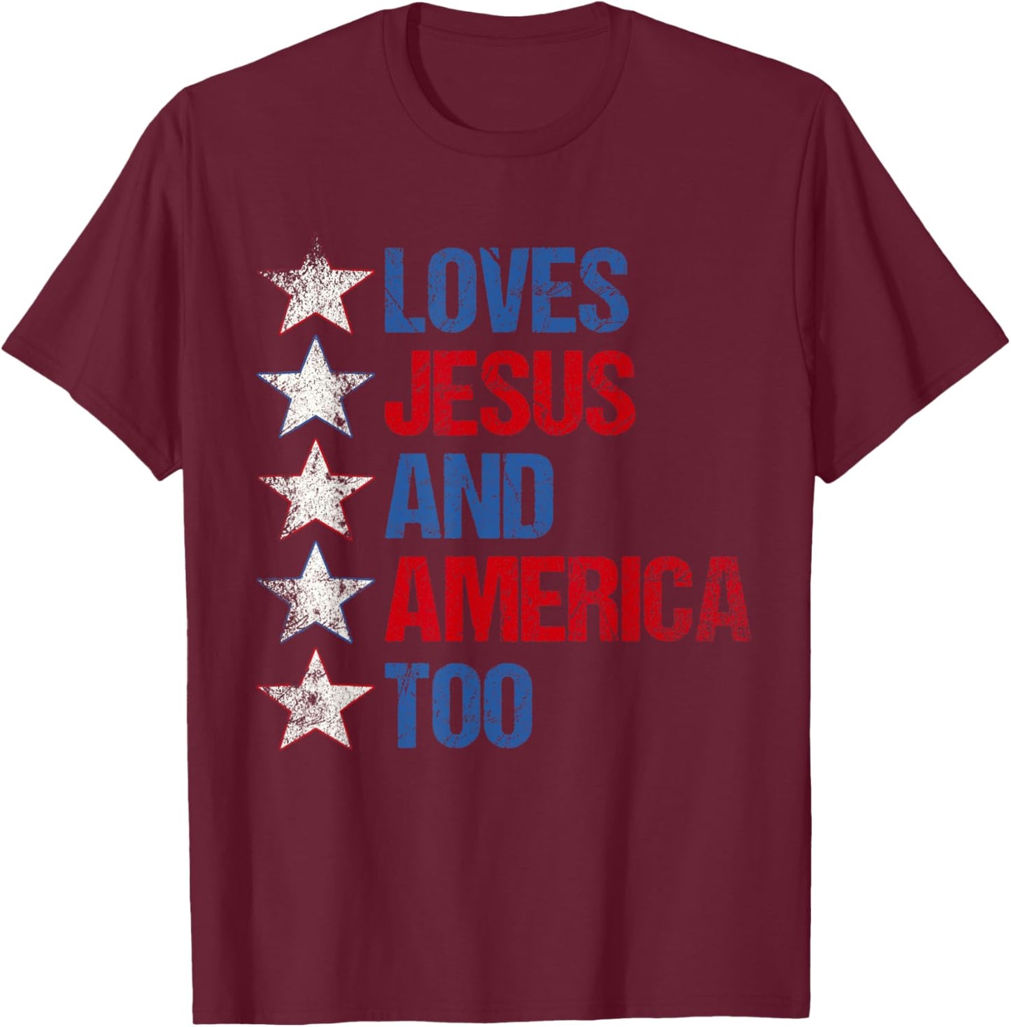 4th Of July Shirt Retro Loves Jesus and America Too Banner T-Shirt - T-Shirt | Maroon