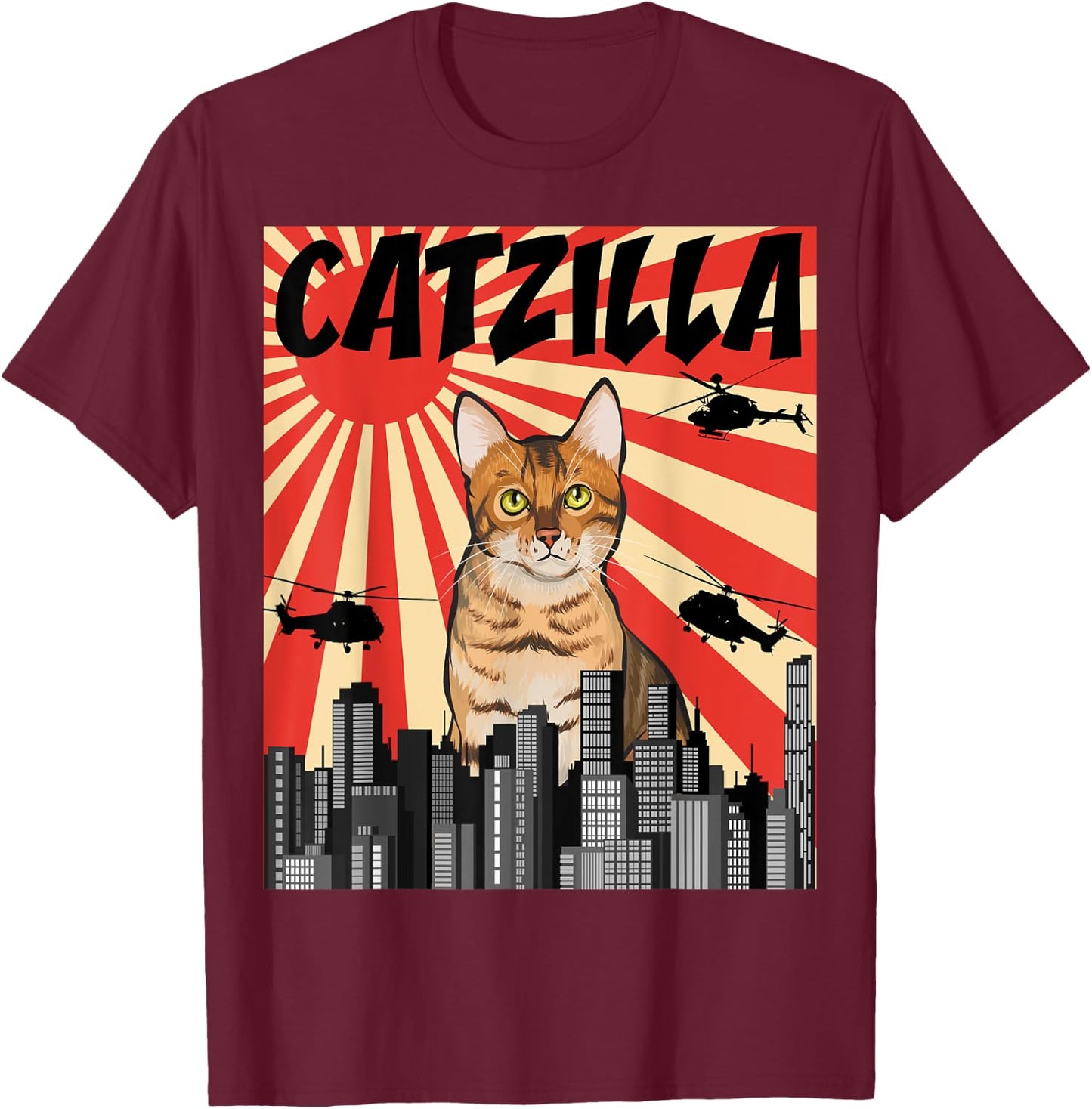 Funny Retro Japanese Catzilla Bengal Cat T-Shirt - T-Shirt | Maroon