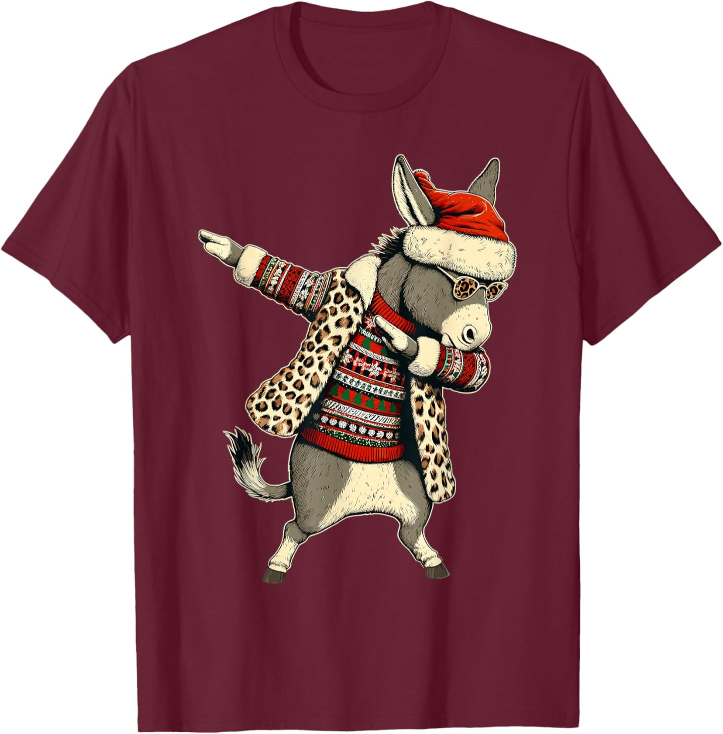 Donkey Leopard Print Dabbing Santa Hat Christmas Pajama Love T-Shirt - T-Shirt | Maroon