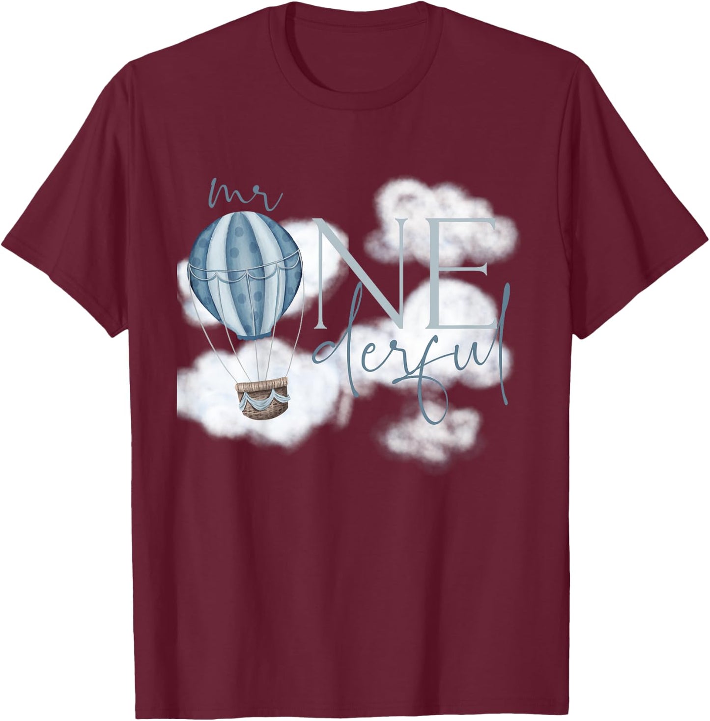 Kids Mr Onederful Hot Air Balloon Blue 1st Birthday Boy Party T-Shirt - T-Shirt | Maroon