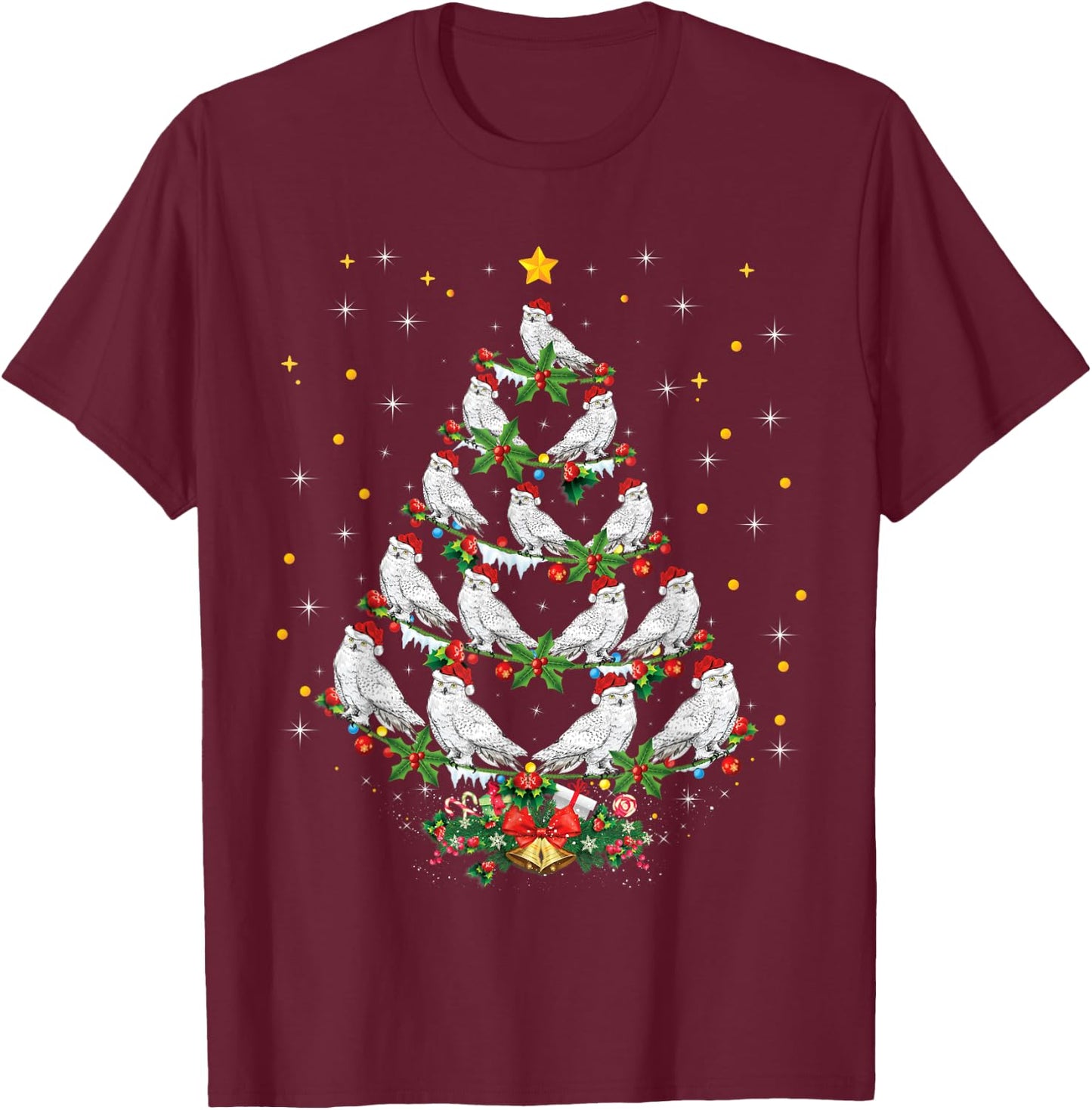 Snowy Owl Bird Lover Xmas Gift Snowy Owl Christmas Tree T-Shirt - T-Shirt | Maroon