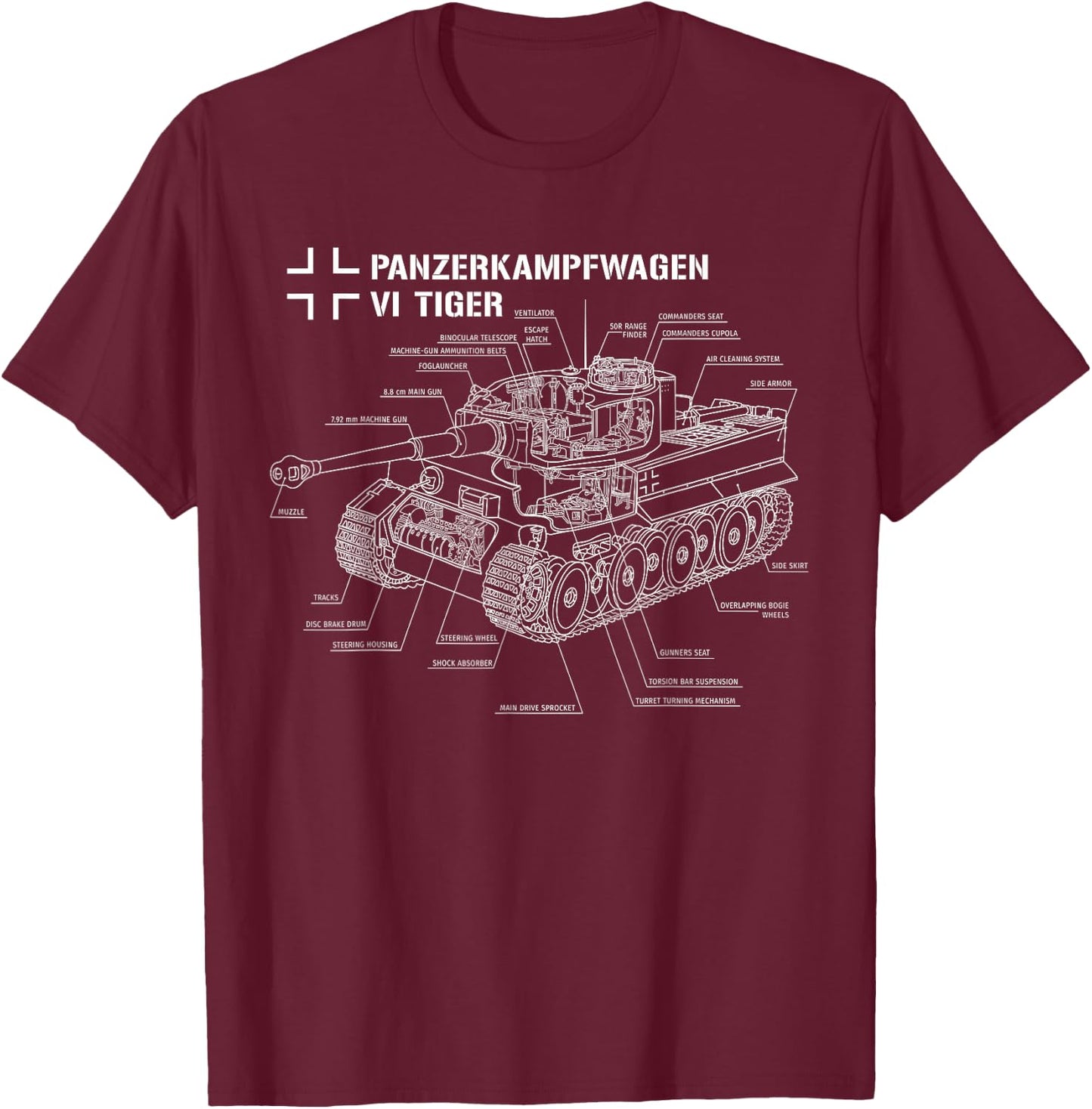 World War 2 German Tank Tiger I Engineering Blueprint T-Shirt - T-Shirt | Maroon
