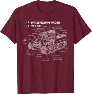 World War 2 German Tank Tiger I Engineering Blueprint T-Shirt - T-Shirt | Maroon