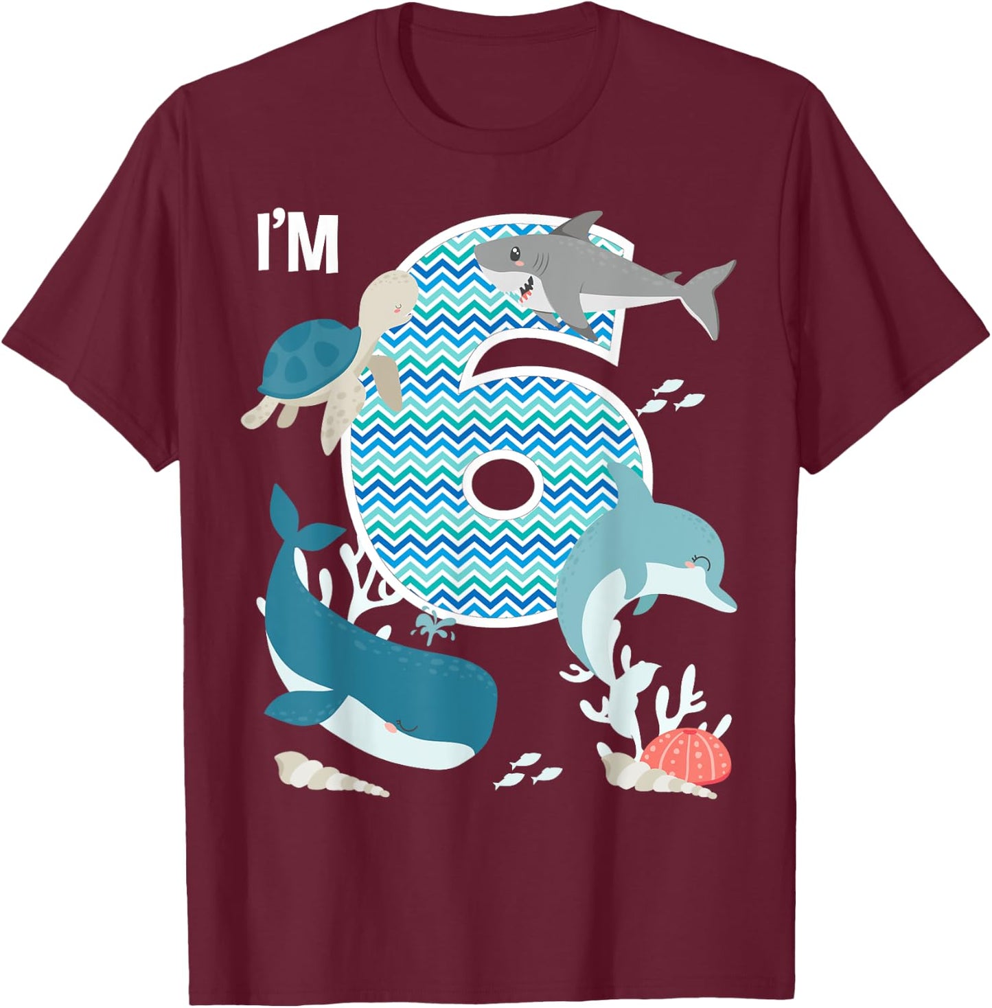 Kids 6 Year Old Ocean Life Whale Dolphin Shark 6th Birthday T-Shirt - T-Shirt | Maroon