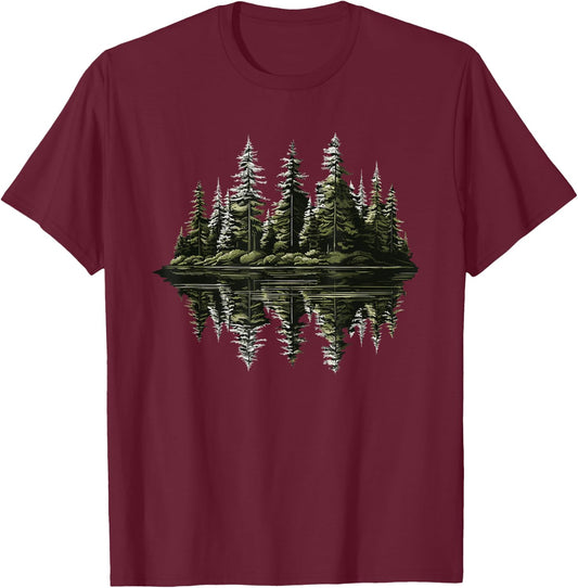 Mountain Landscape Reflection Forest Trees Outdoor Wildlife T-Shirt - T-Shirt | Maroon