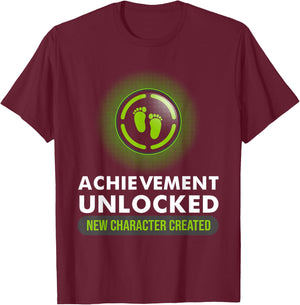Cute Pregnant Announcement Gamer Dad Mom Designs Funny Achievement Unlocked New Character Created Pregnancy - -Adults, Kids - Black - Short Sleeve - S - Medium T-Shirt - T-Shirt | Maroon