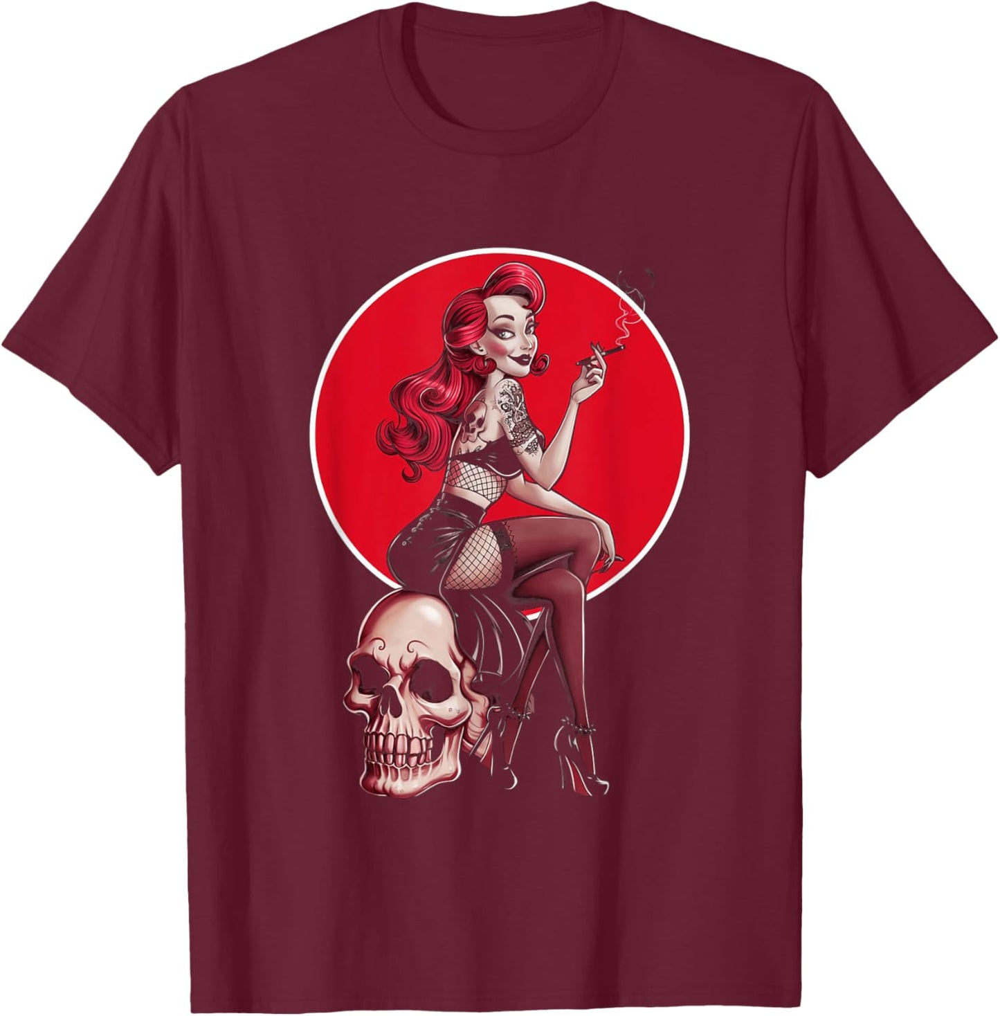 Tattoo Goth Pin-up Girl with Skull Vintage Horror Rockabilly T-Shirt - T-Shirt | Maroon