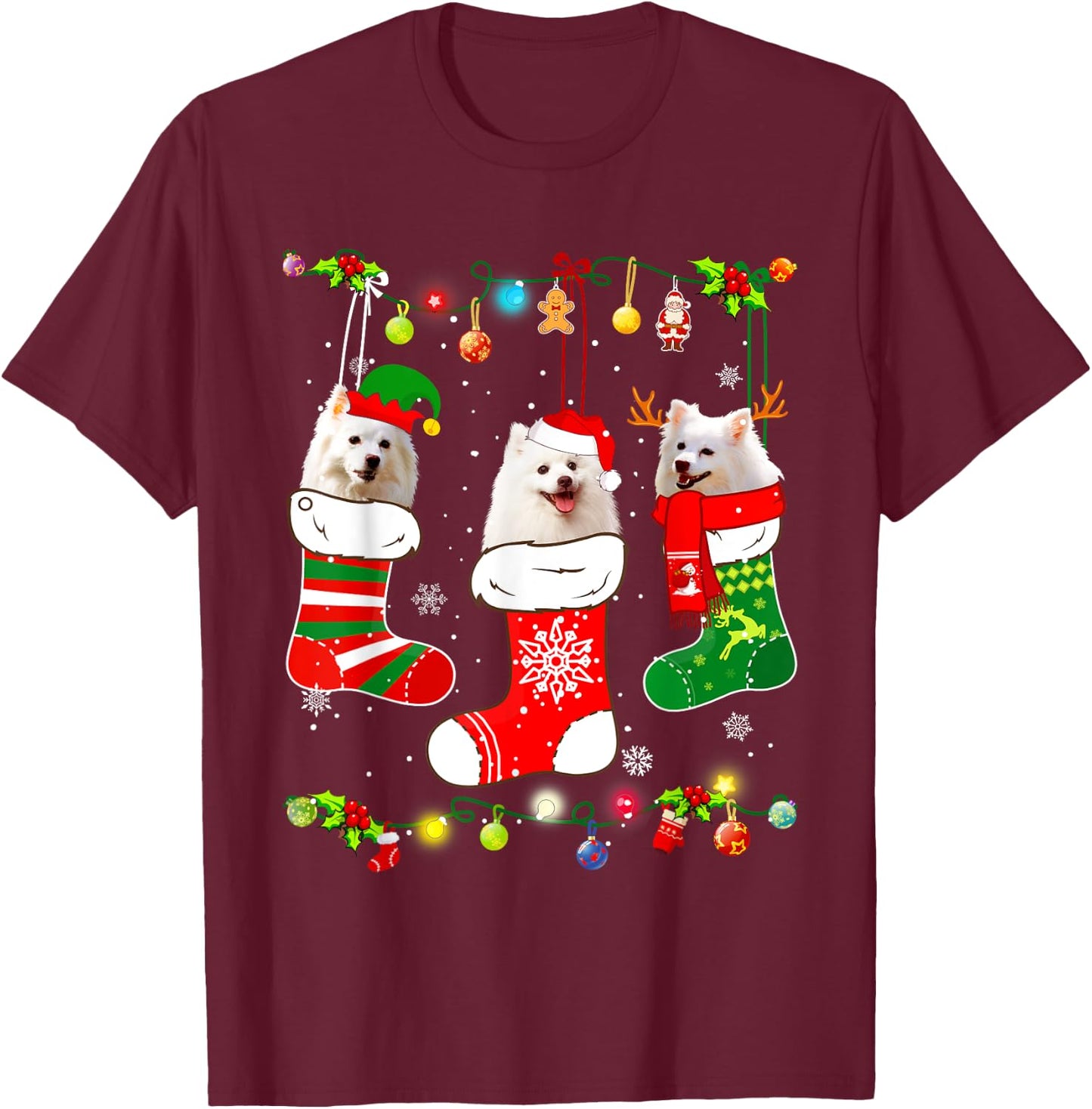 American Eskimo Christmas Lights Funny Puppy Xmas Dog Lover T-Shirt - T-Shirt | Maroon