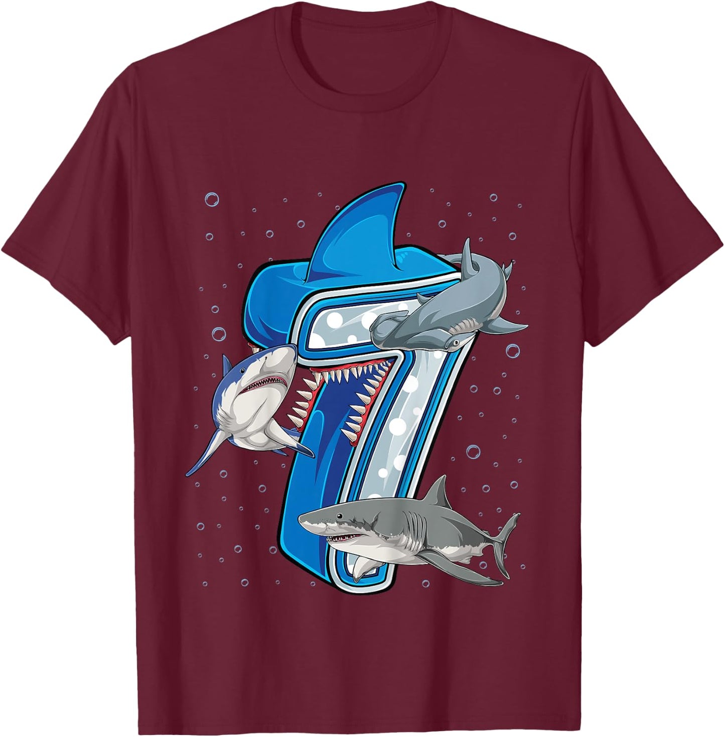 Kids 7th Birthday Boys Shark 7 years Old Ocean Shark B-day T-Shirt - T-Shirt | Maroon