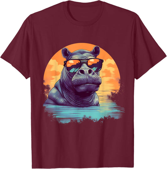 Hippo Sunglasses Colourful Artwork Safari Hippopotamus T-Shirt - T-Shirt | Maroon