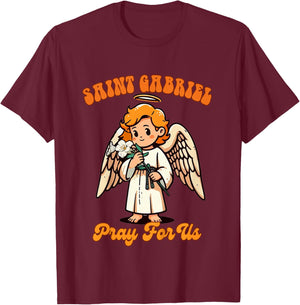 Kids Christian Religious Baby Prayer Saint Gabriel Pray For Us T-Shirt - T-Shirt | Maroon