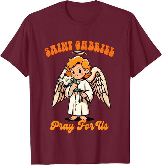 Kids Christian Religious Baby Prayer Saint Gabriel Pray For Us T-Shirt - T-Shirt | Maroon