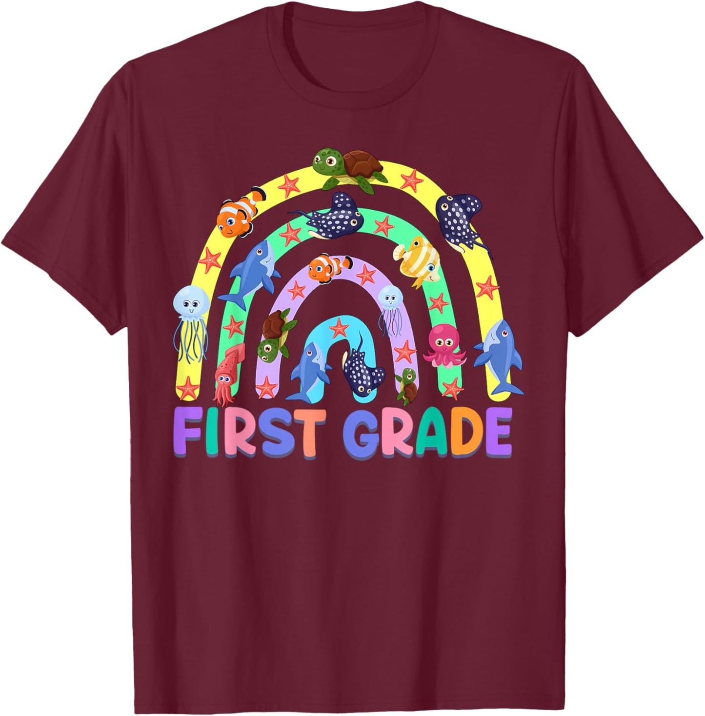 1St Grade Teacher Rainbow Ocean Animal First Grade Men Women Kids T-Shirt - T-Shirt | Maroon