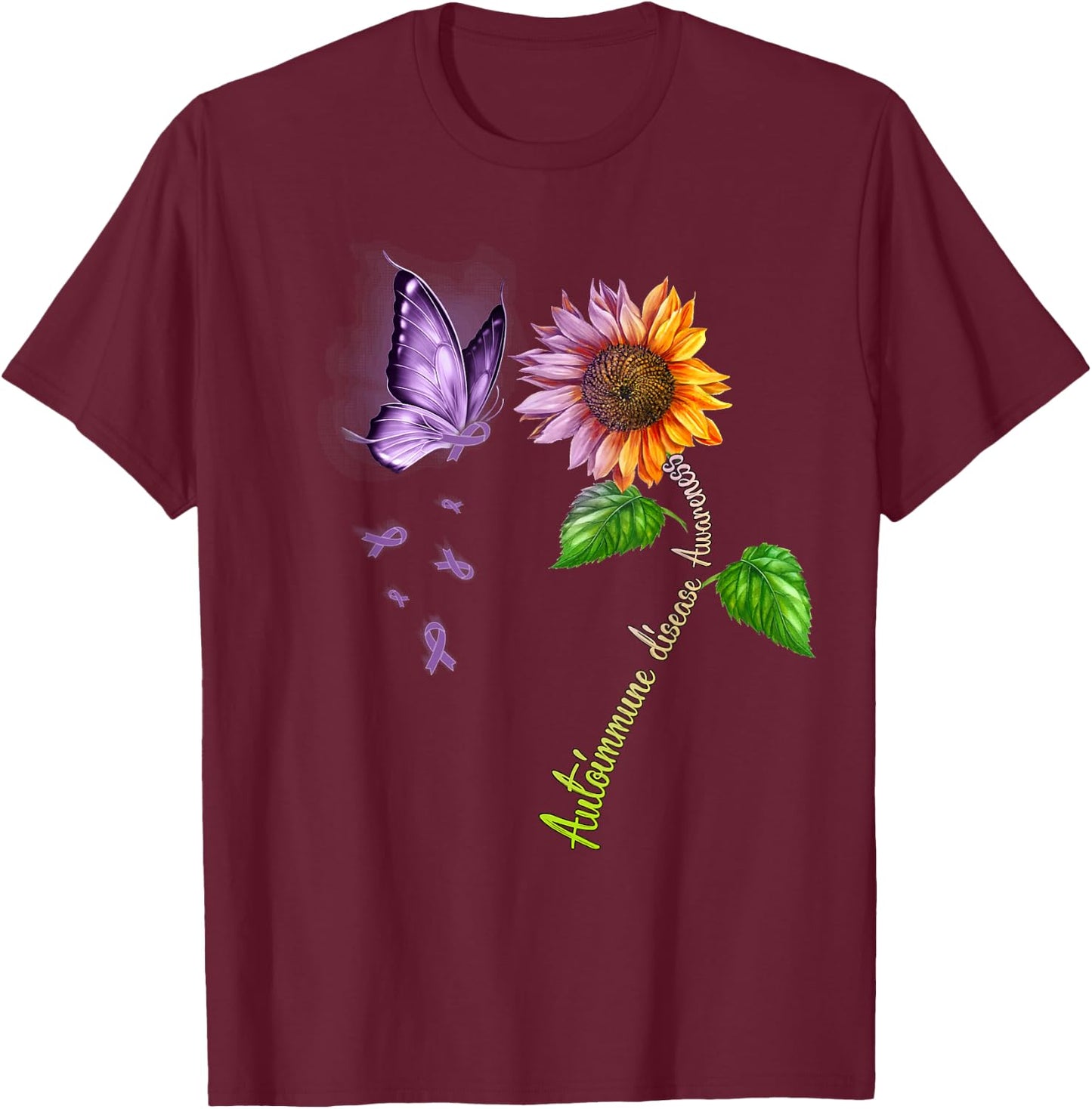 Butterfly Sunflower Autoimmune disease Awareness T-Shirt - T-Shirt | Maroon