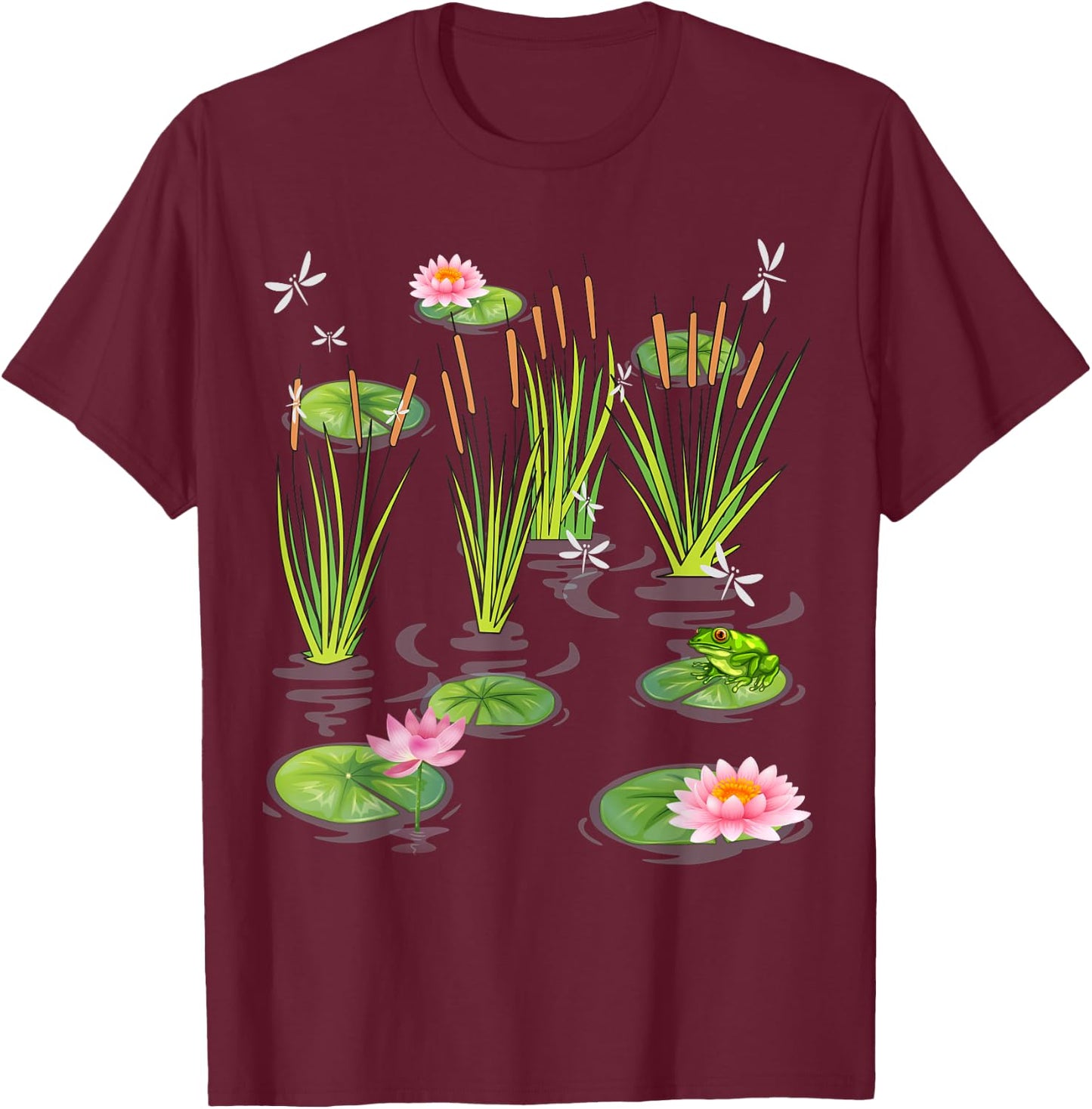 Water Lily Dragonflies with Frog on Lily Leaf Cattails T-Shirt - T-Shirt | Maroon