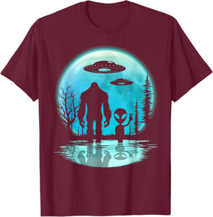 Alien And Bigfoot Moon T-Shirt - T-Shirt | Maroon