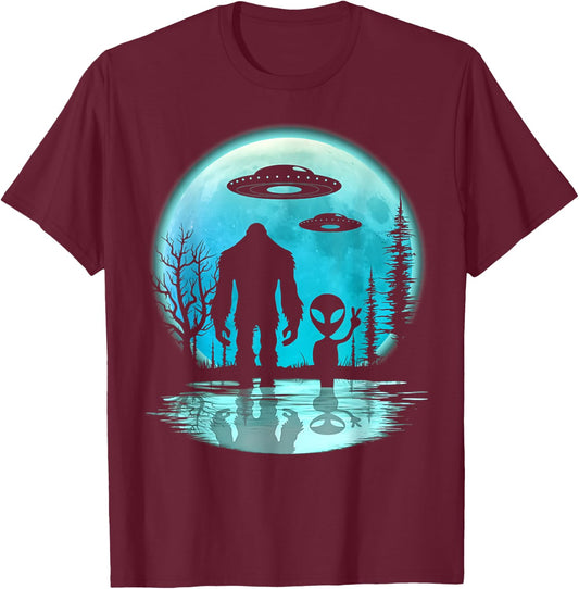 Alien And Bigfoot Moon T-Shirt - T-Shirt | Maroon